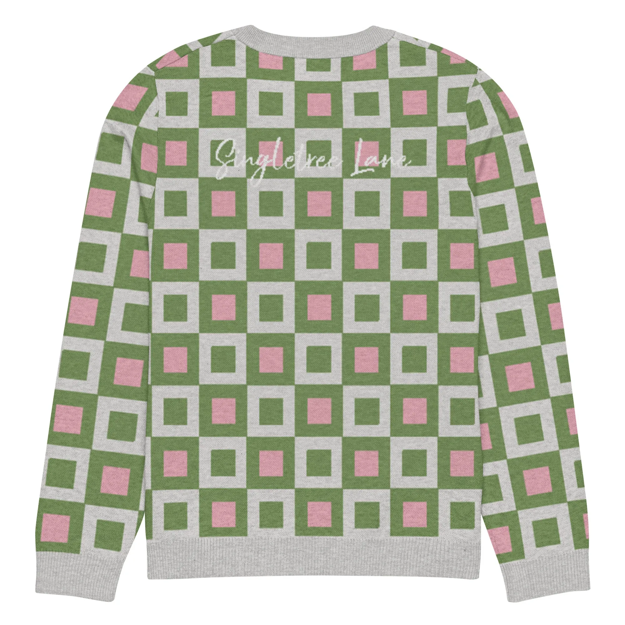 Go Blox in Green and Pink Geometric Knitted Crewneck Sweater