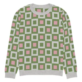 Go Blox in Green and Pink Geometric Knitted Crewneck Sweater