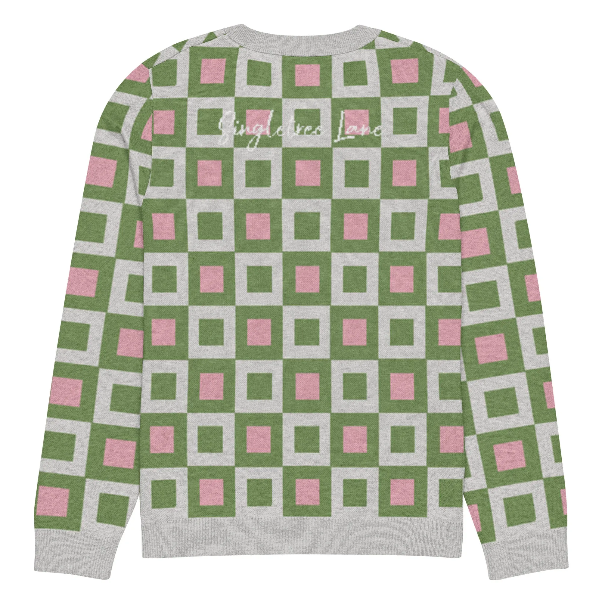 Go Blox in Green and Pink Geometric Knitted Crewneck Sweater