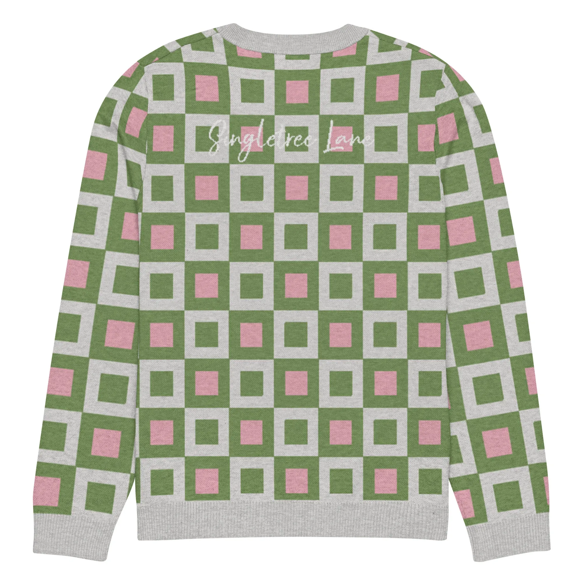 Go Blox in Green and Pink Geometric Knitted Crewneck Sweater