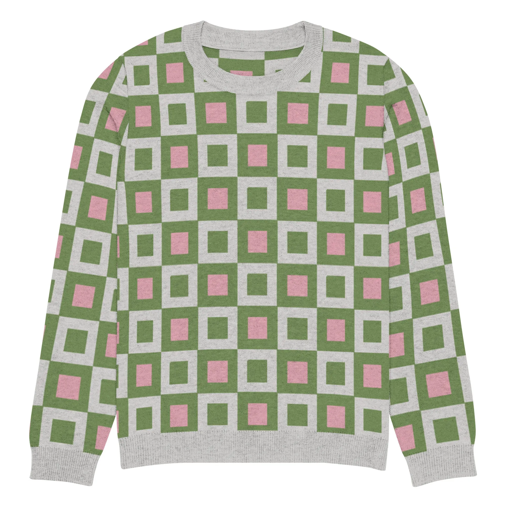 Go Blox in Green and Pink Geometric Knitted Crewneck Sweater