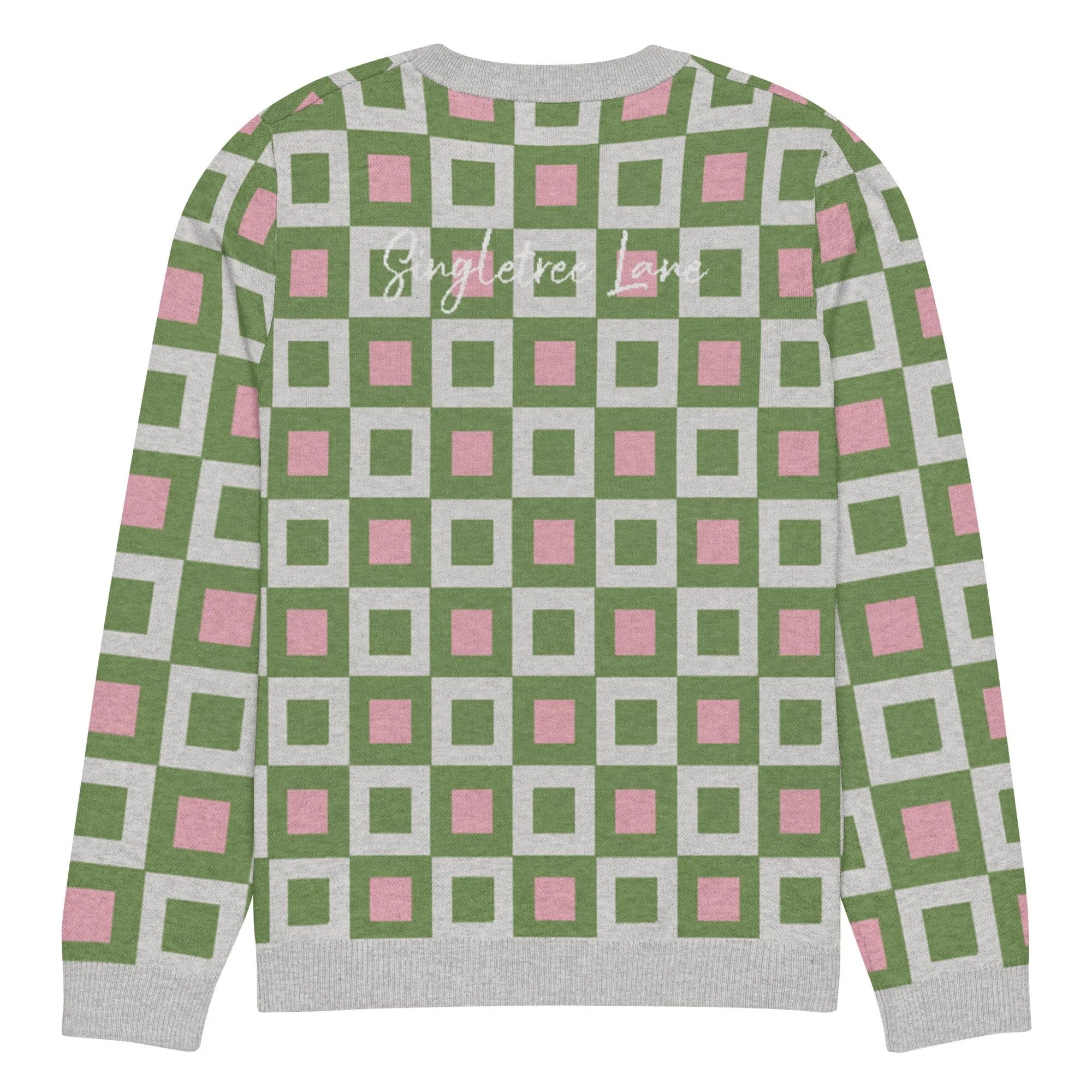 Go Blox in Green and Pink Geometric Knitted Crewneck Sweater