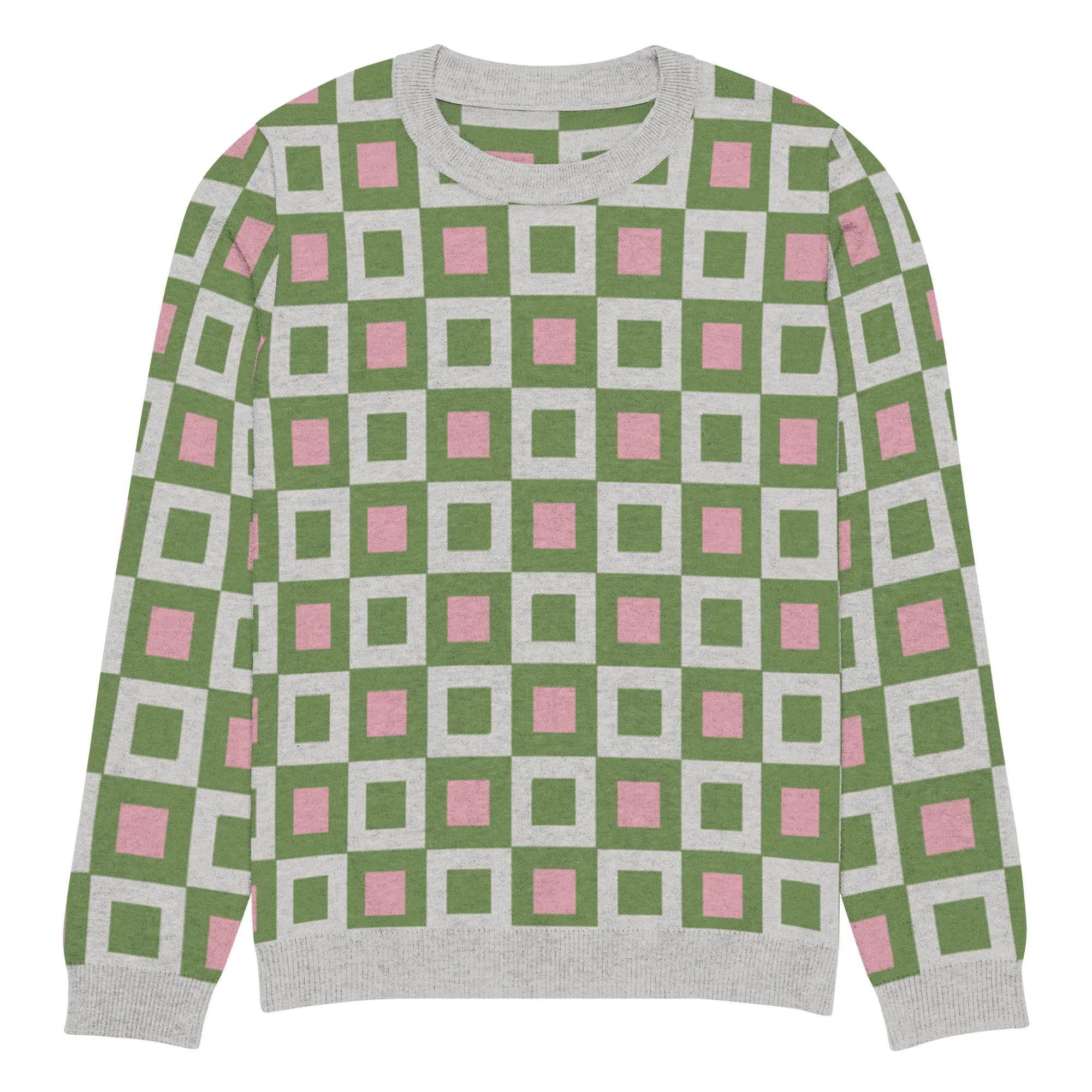 Go Blox in Green and Pink Geometric Knitted Crewneck Sweater