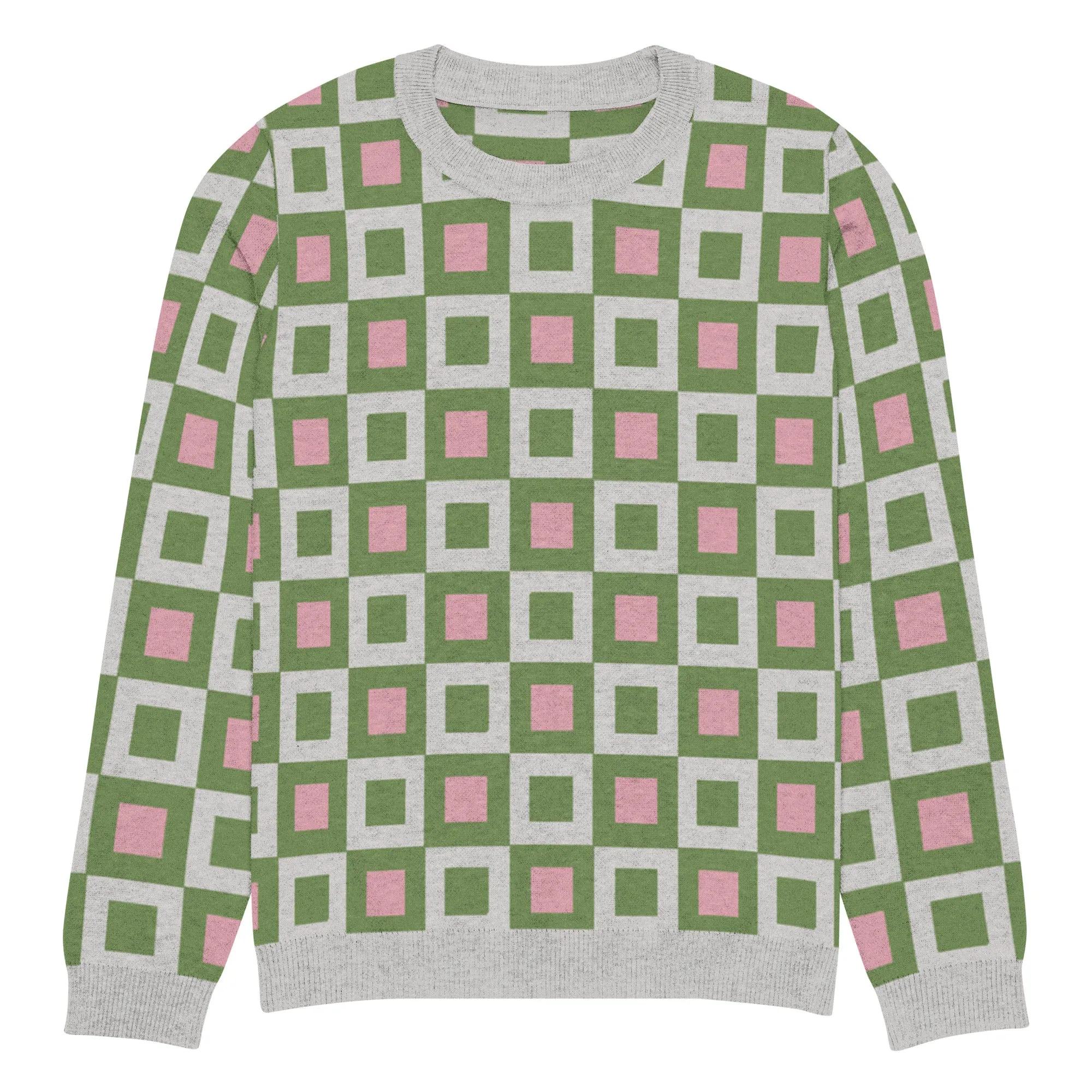 Go Blox in Green and Pink Geometric Knitted Crewneck Sweater