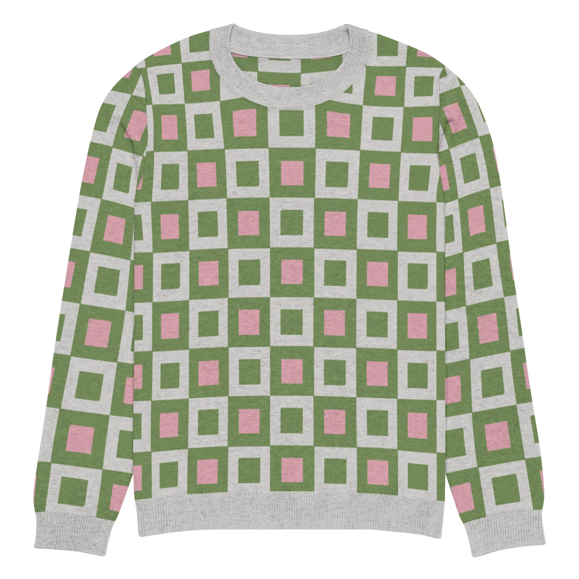 Go Blox in Green and Pink Geometric Knitted Crewneck Sweater