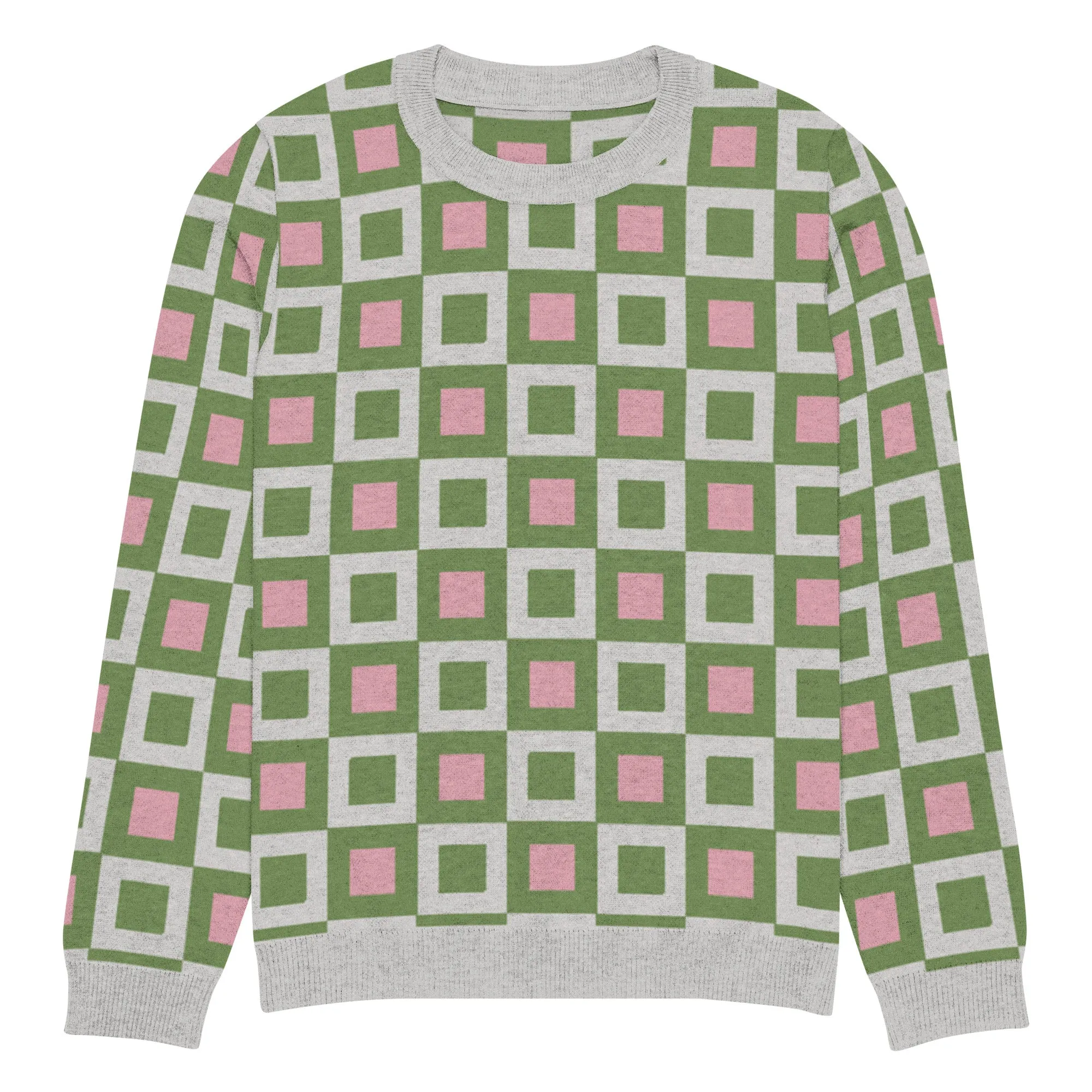 Go Blox in Green and Pink Geometric Knitted Crewneck Sweater