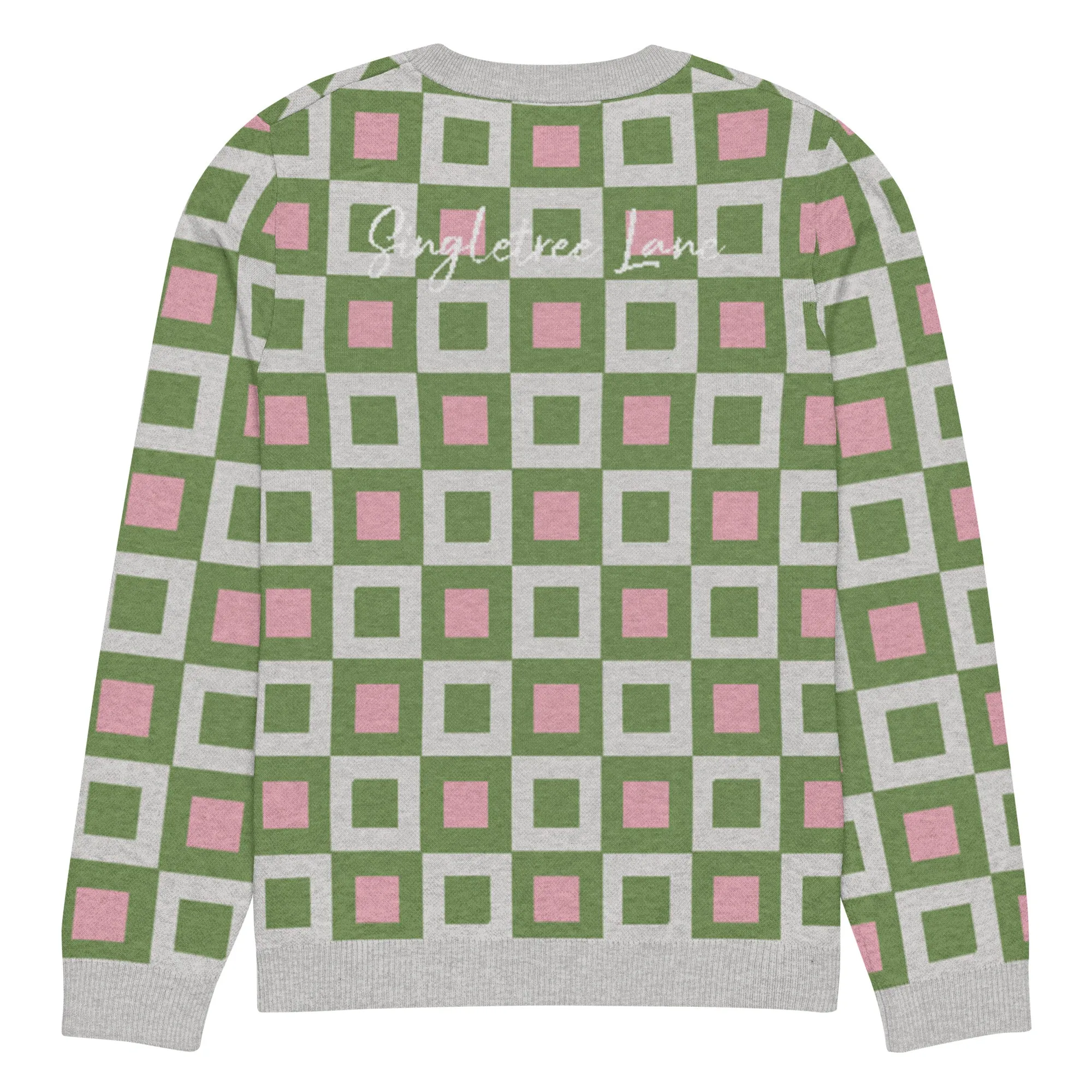 Go Blox in Green and Pink Geometric Knitted Crewneck Sweater