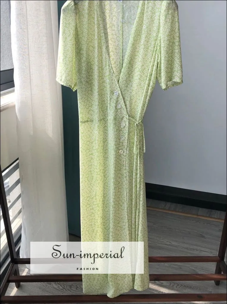 Green Wrap Floral Print Buttoned side Lace Short Sleeve front Slit Midi Dress