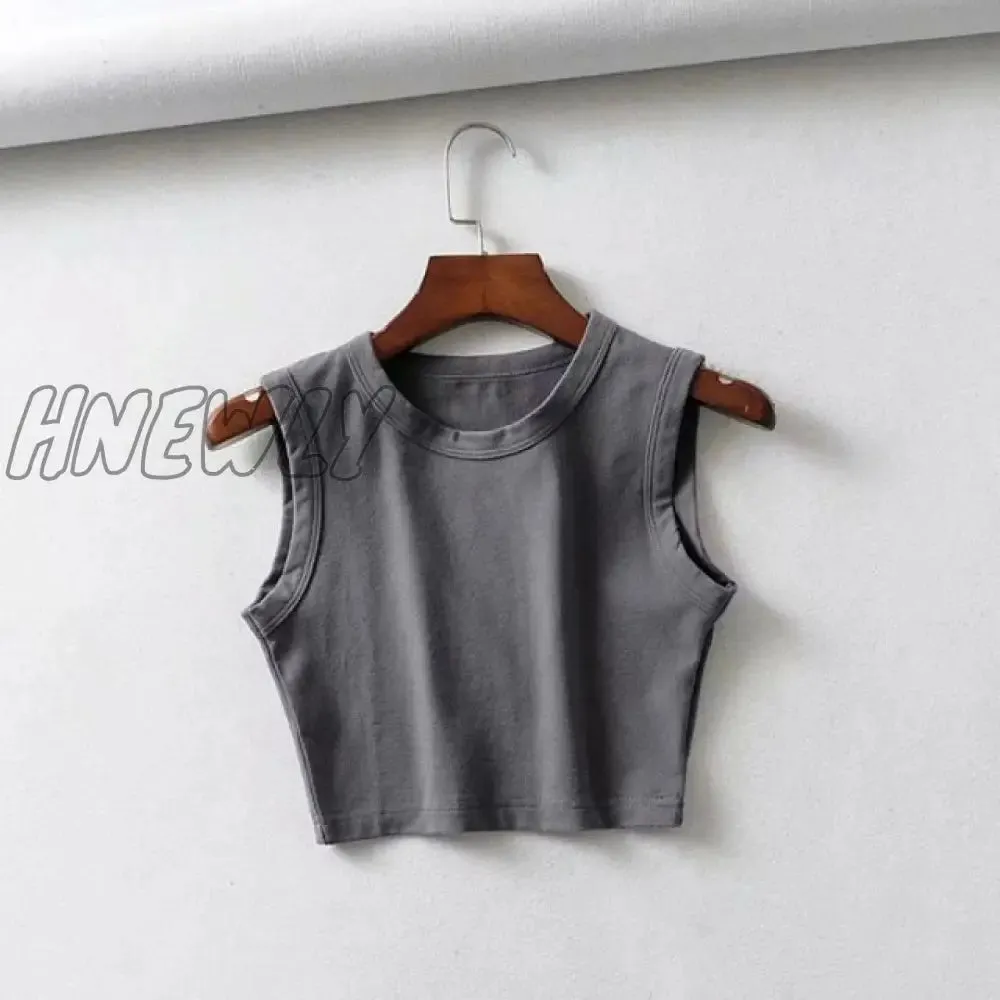 Hnewly Women Casual Sleeveless Short Tank Tops Summer Female O-Neck Solid Color Vest Tanks Fashion White Solid Skinny Crop Top