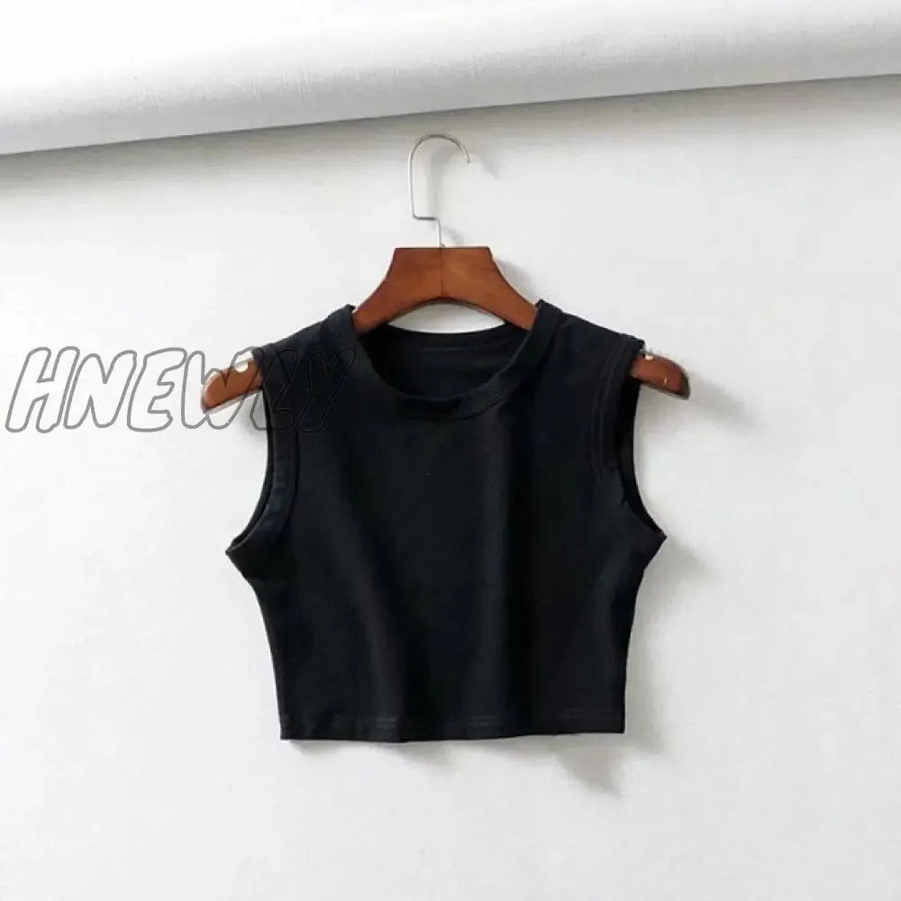 Hnewly Women Casual Sleeveless Short Tank Tops Summer Female O-Neck Solid Color Vest Tanks Fashion White Solid Skinny Crop Top