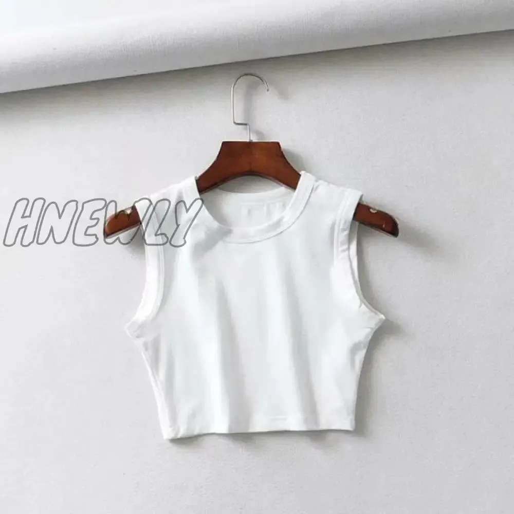 Hnewly Women Casual Sleeveless Short Tank Tops Summer Female O-Neck Solid Color Vest Tanks Fashion White Solid Skinny Crop Top