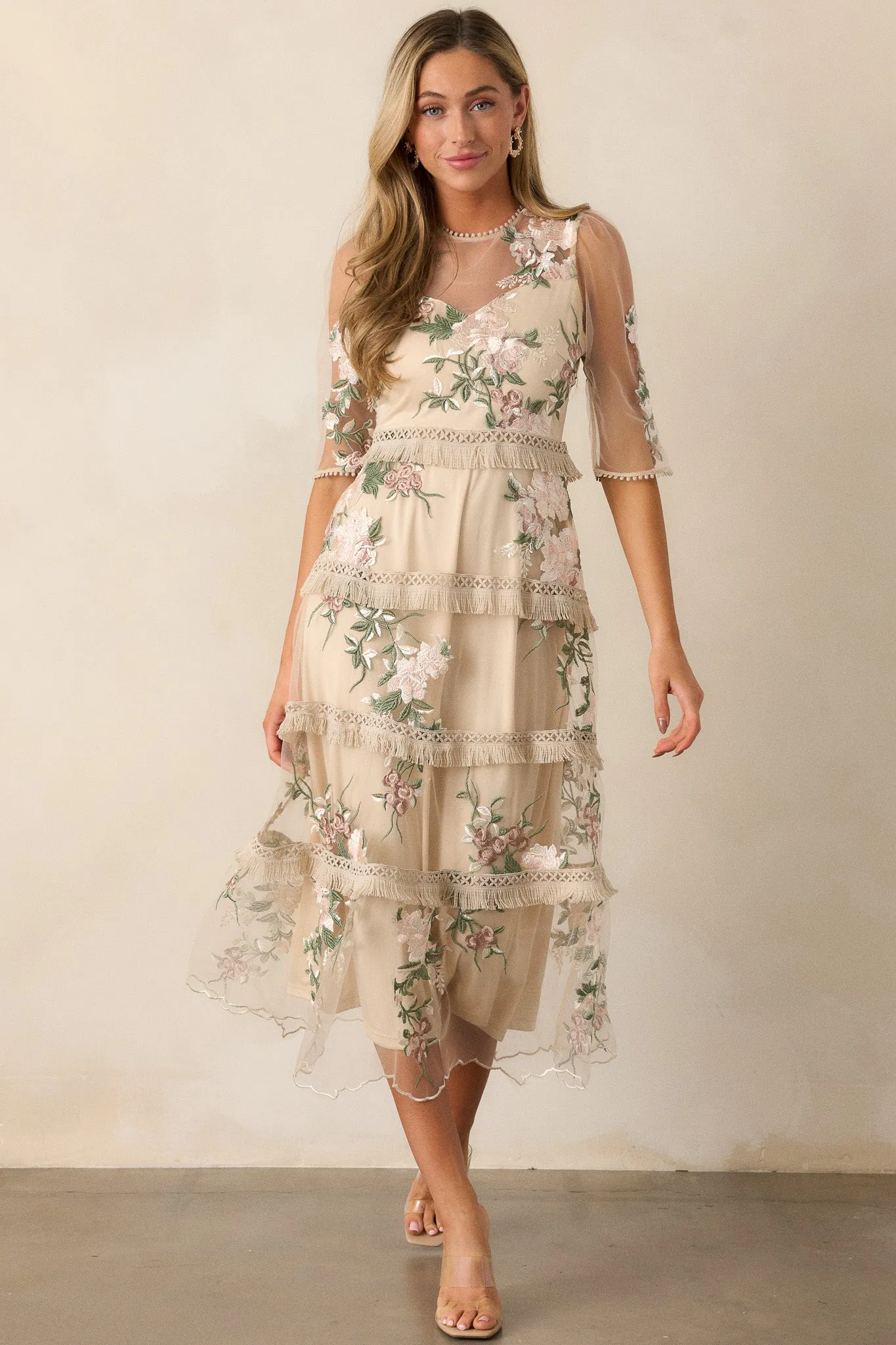 Honestly Love You Beige Floral Midi Dress