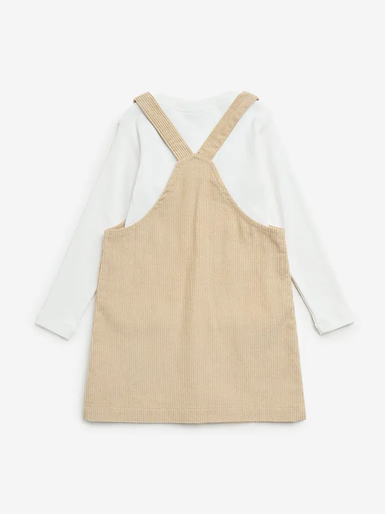 HOP Kids Beige Corduroy Pinafore with Cotton T-Shirt Set