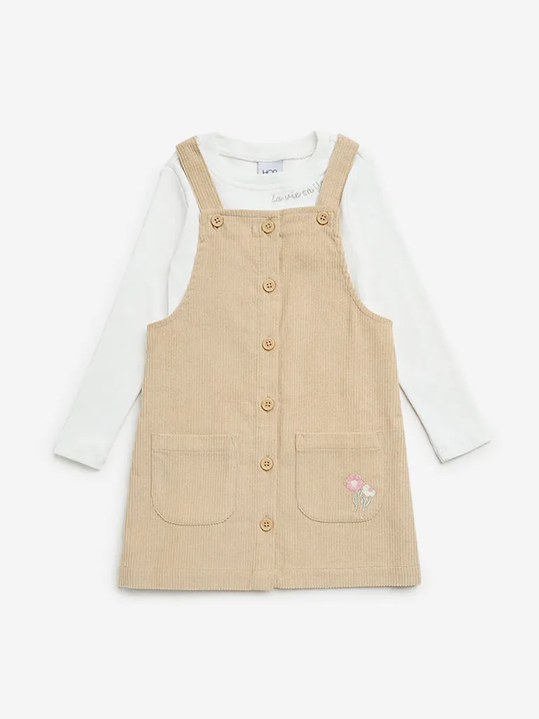 HOP Kids Beige Corduroy Pinafore with Cotton T-Shirt Set