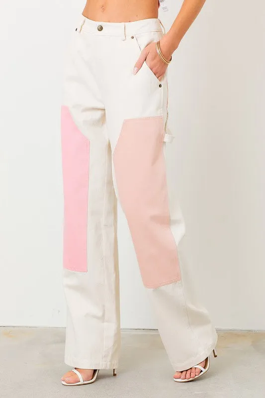 Ivory Color Block Straight Leg Denim Pants