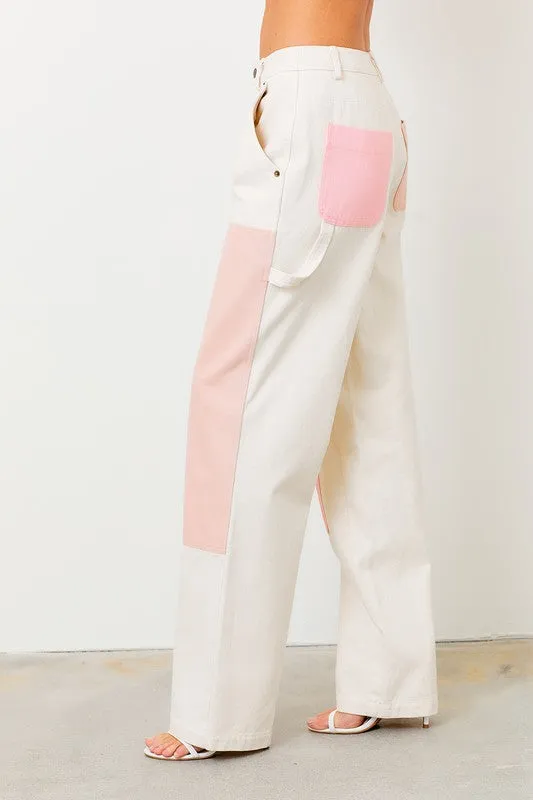 Ivory Color Block Straight Leg Denim Pants