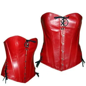 Lambskin full bust rock corset, red and black, gothic, moto corset from red or red and black leather with lace on the bust. Steelbone corset