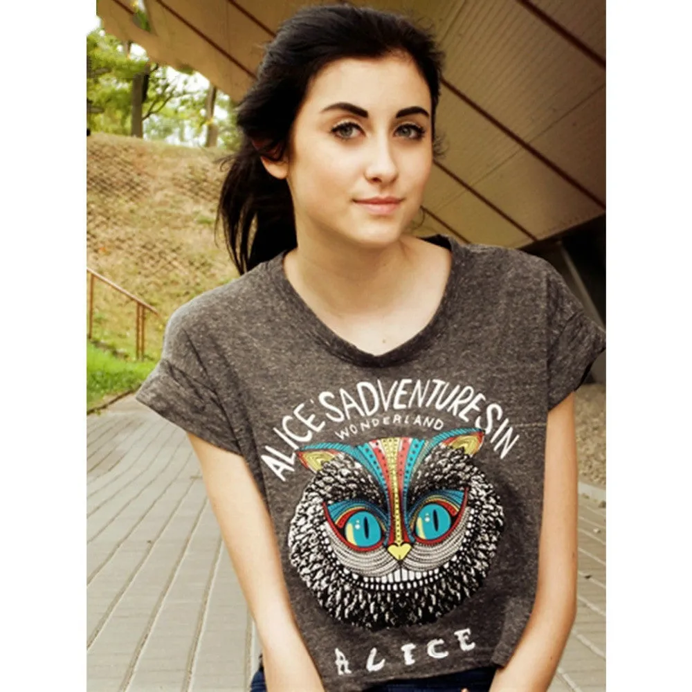 Latest New Women Loose Gray Owl Pattern Crop Top with ALICE'S ADVENTURES IN WONDERLAND Letters Print One Size