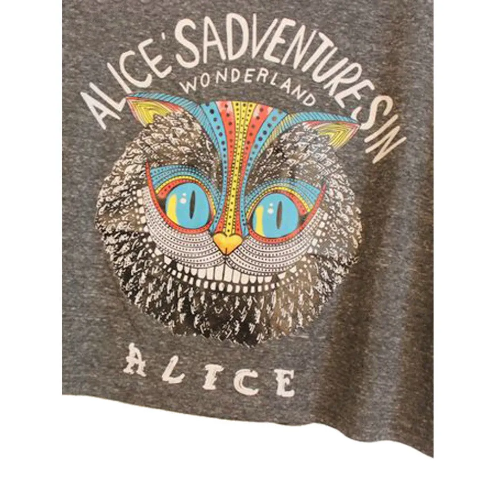 Latest New Women Loose Gray Owl Pattern Crop Top with ALICE'S ADVENTURES IN WONDERLAND Letters Print One Size