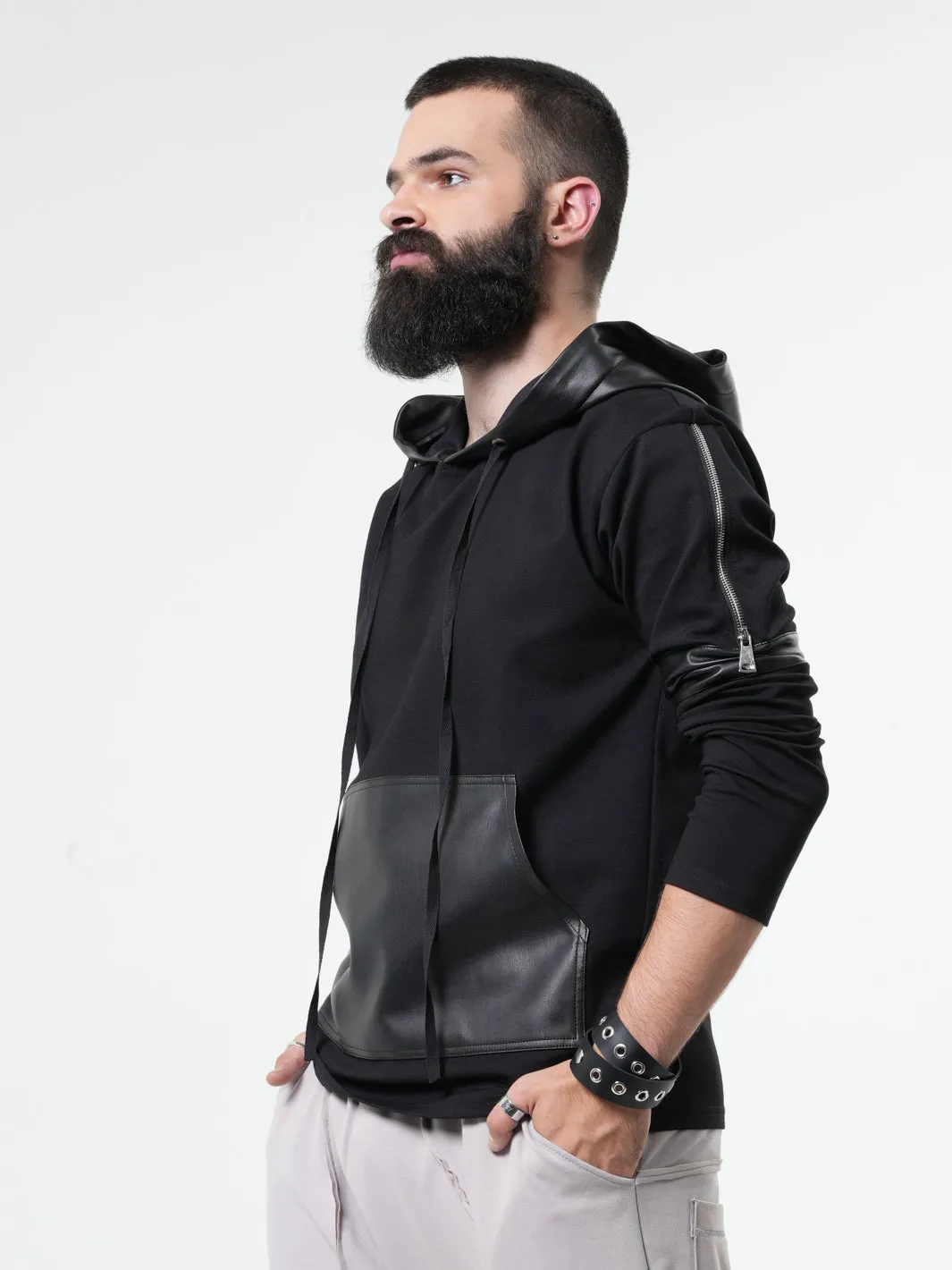 Leather Hood Mens Sweatshirt