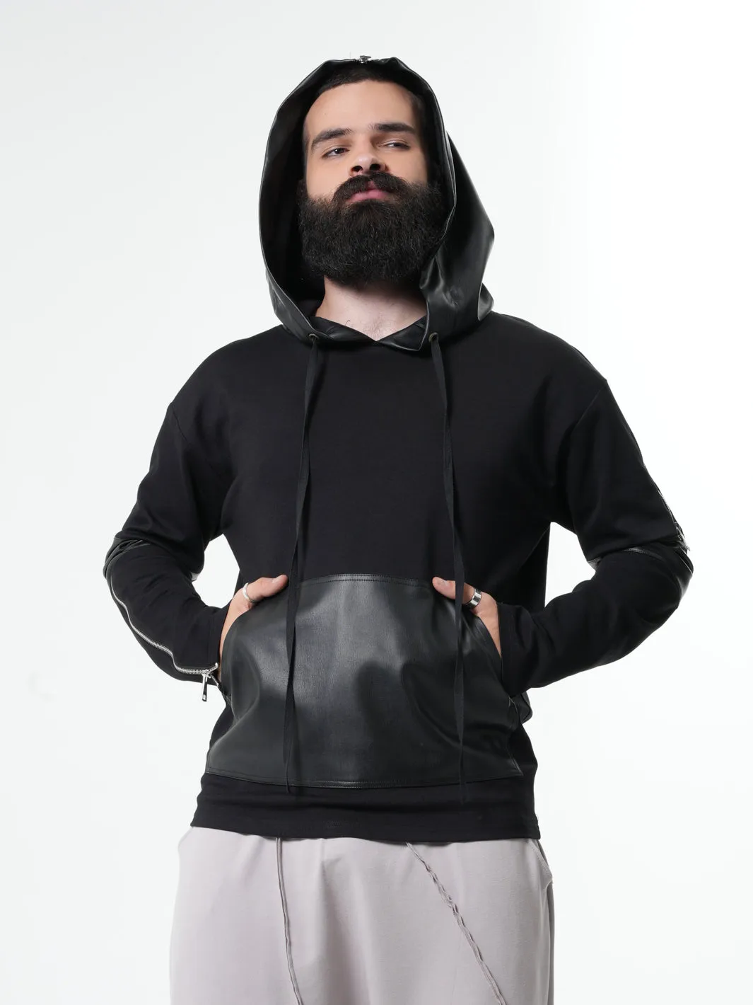 Leather Hood Mens Sweatshirt