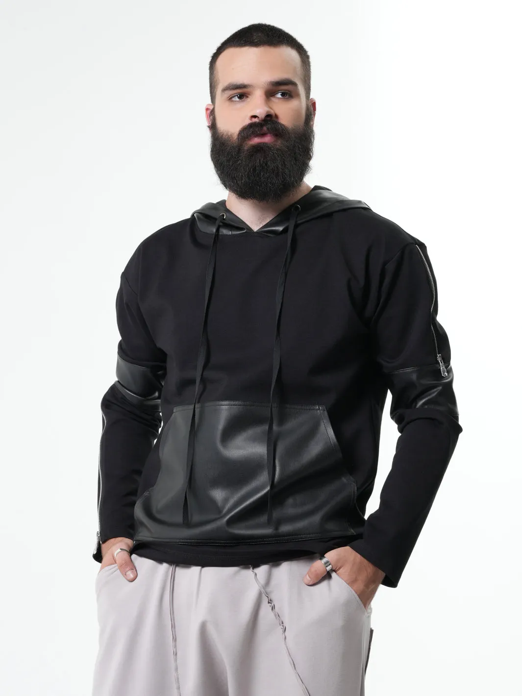 Leather Hood Mens Sweatshirt