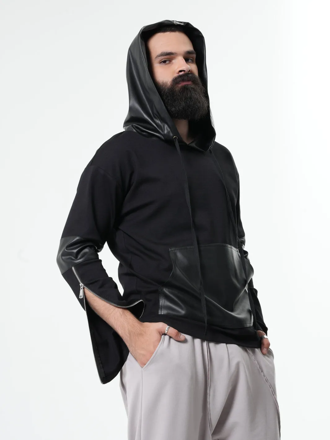 Leather Hood Mens Sweatshirt