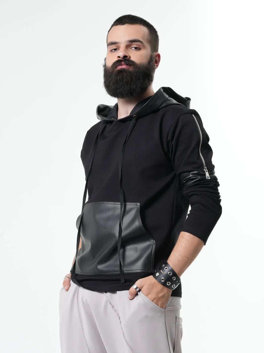 Leather Hood Mens Sweatshirt