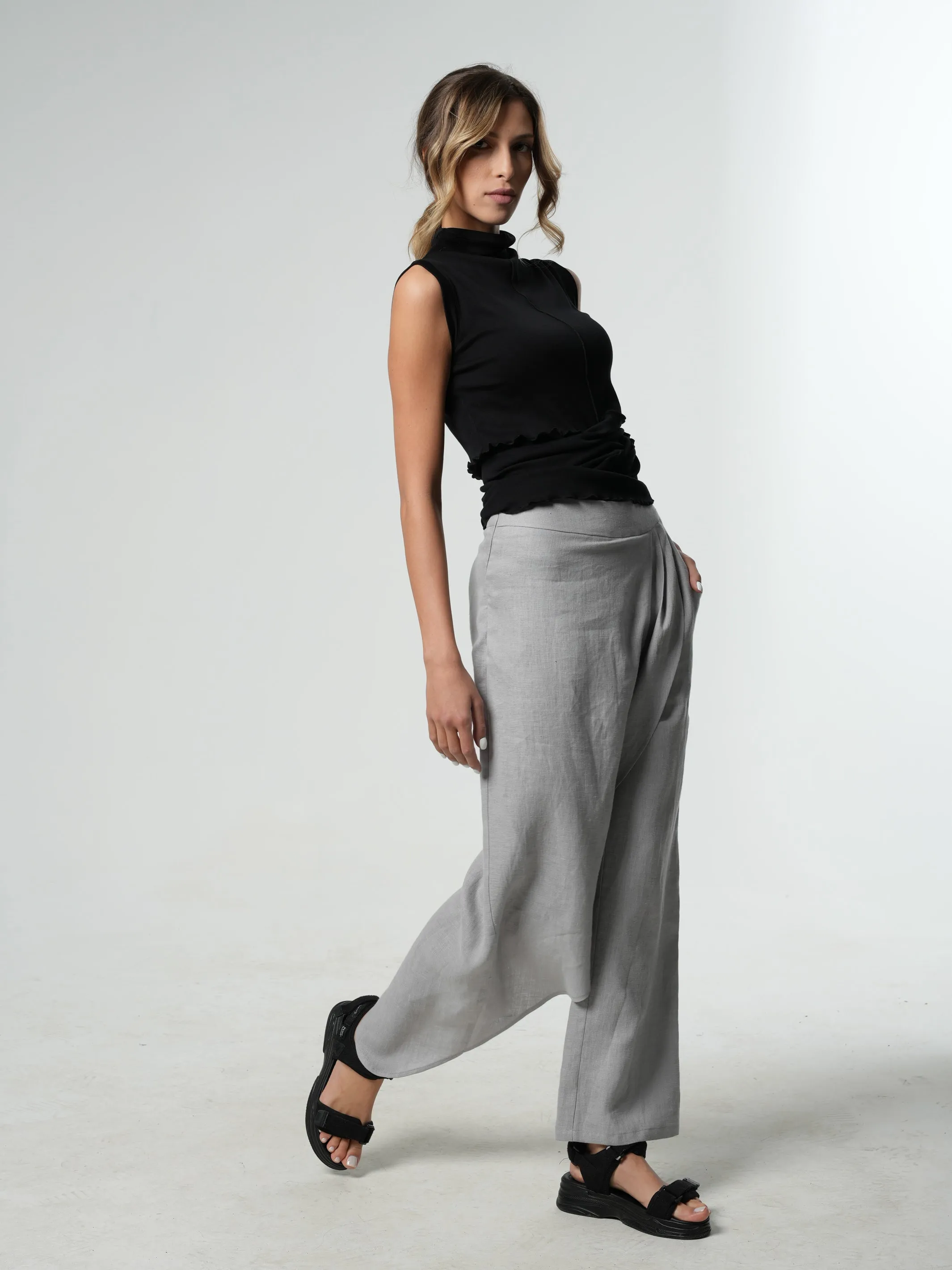 Loose Linen Pants In Gray