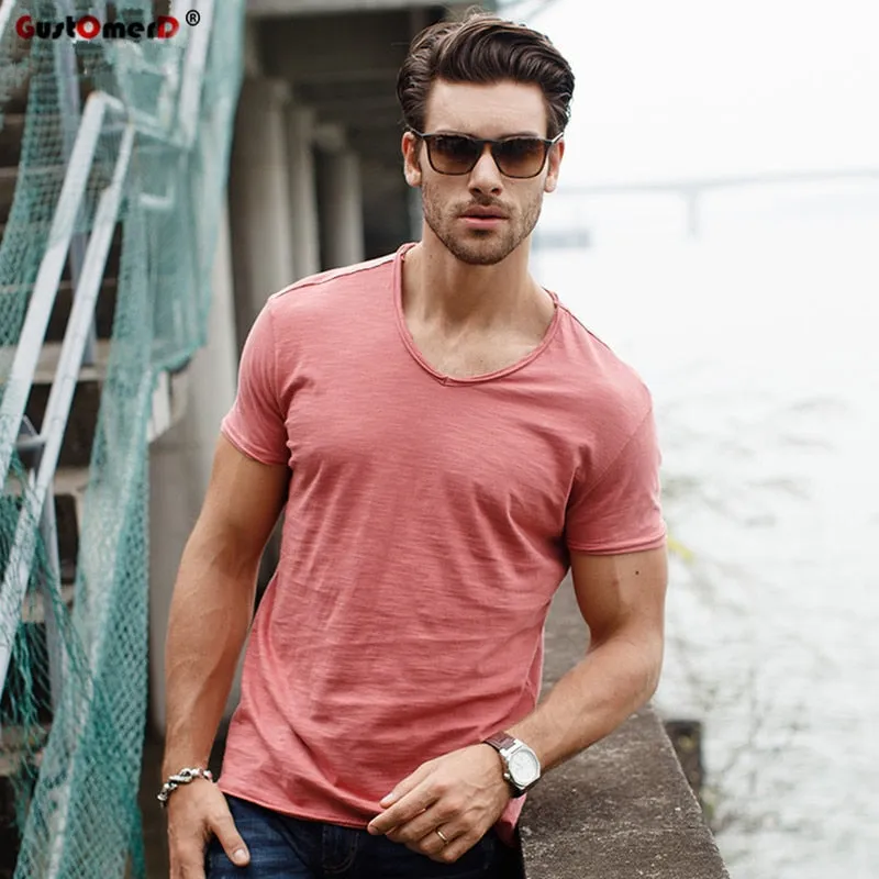 Men'S V-Neck Slim Fit Pure Cotton T-Shirt