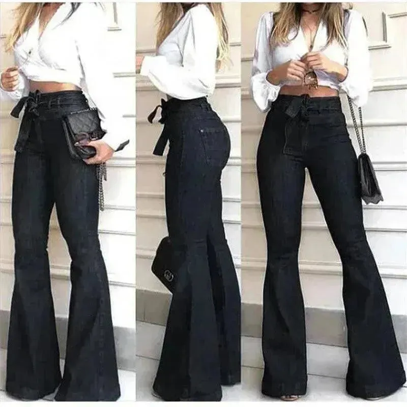 Micro elastic lace-up flared leg pants Women Wide Leg Denim Jeans High rise Wide leg Pants Trouser for Women