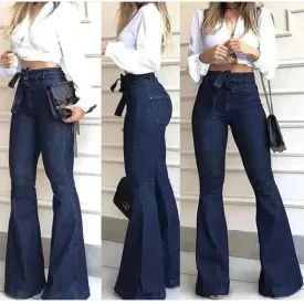 Micro elastic lace-up flared leg pants Women Wide Leg Denim Jeans High rise Wide leg Pants Trouser for Women