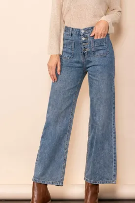 Mid Denim Front Pocket Flared Jeans