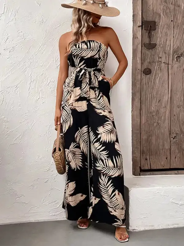 New fashion women’s plant leaf print tube top jumpsuit