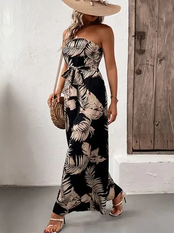 New fashion women’s plant leaf print tube top jumpsuit