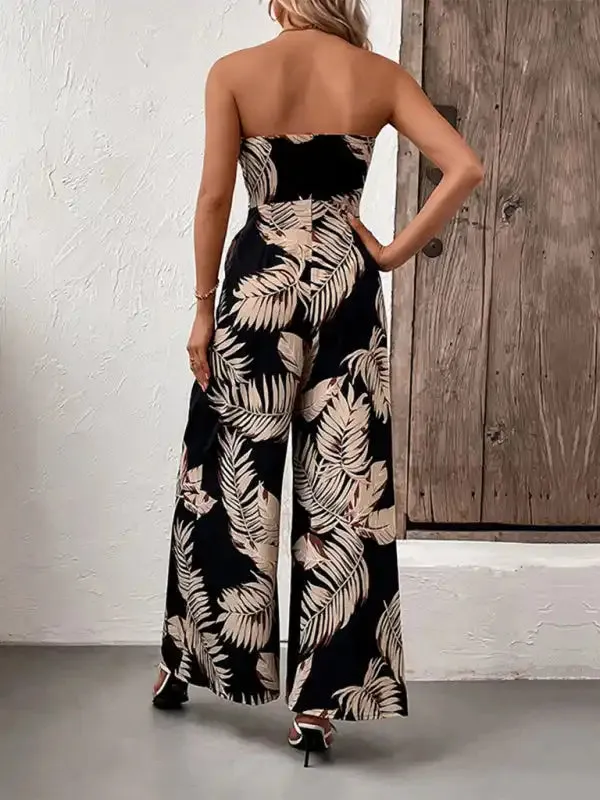 New fashion women’s plant leaf print tube top jumpsuit