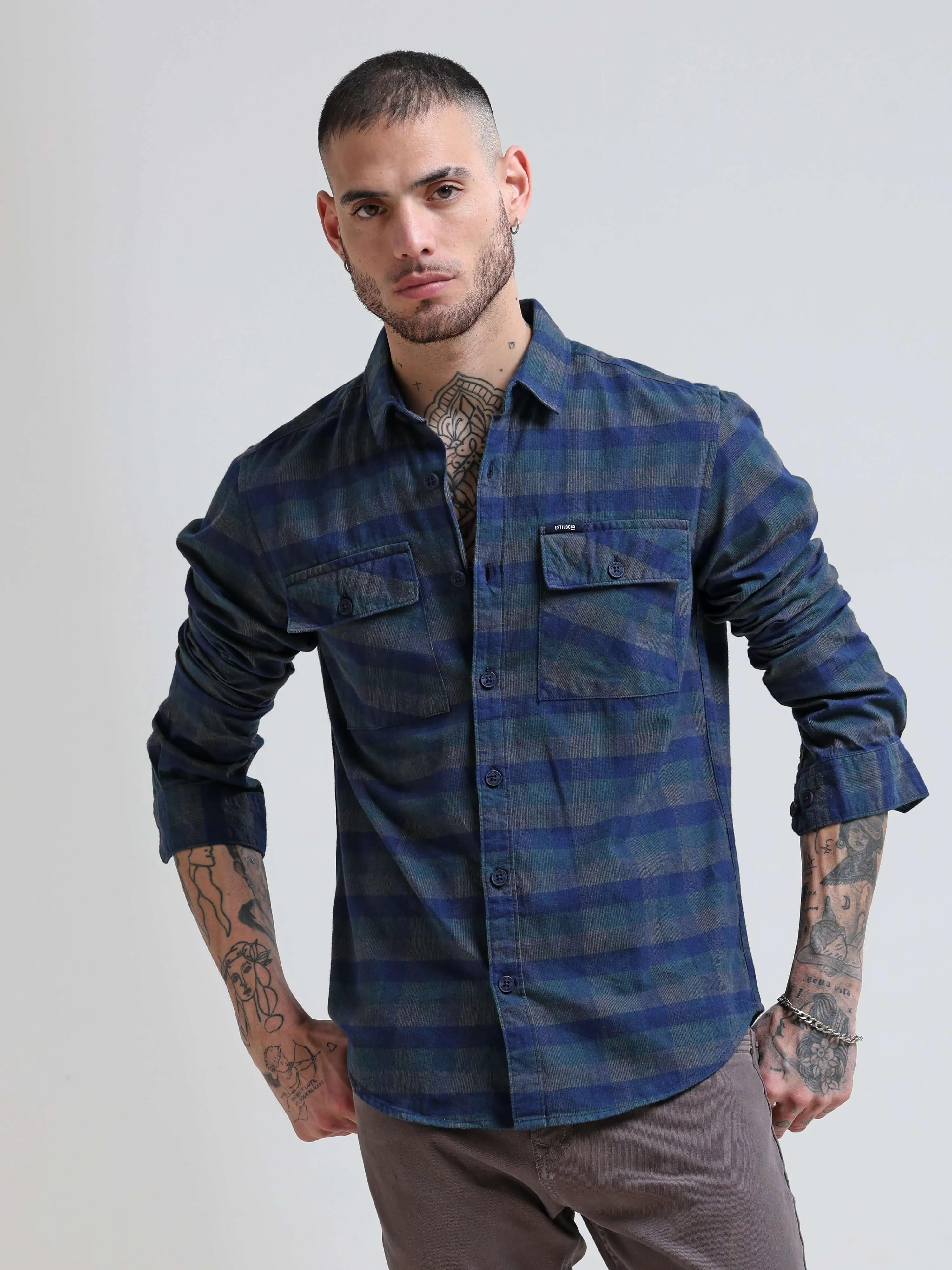 Oxford Blue Corduroy Checks Shirt