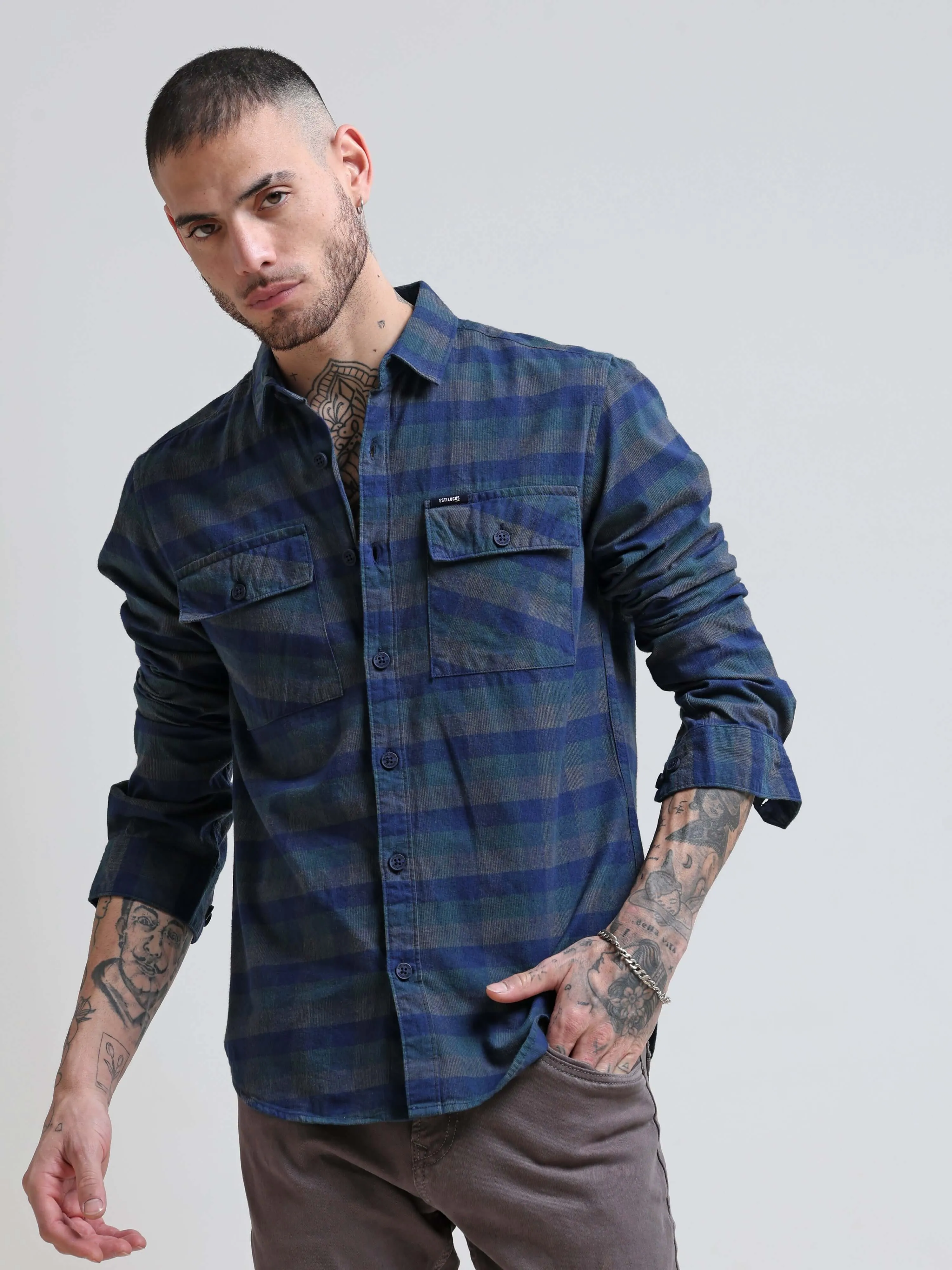 Oxford Blue Corduroy Checks Shirt