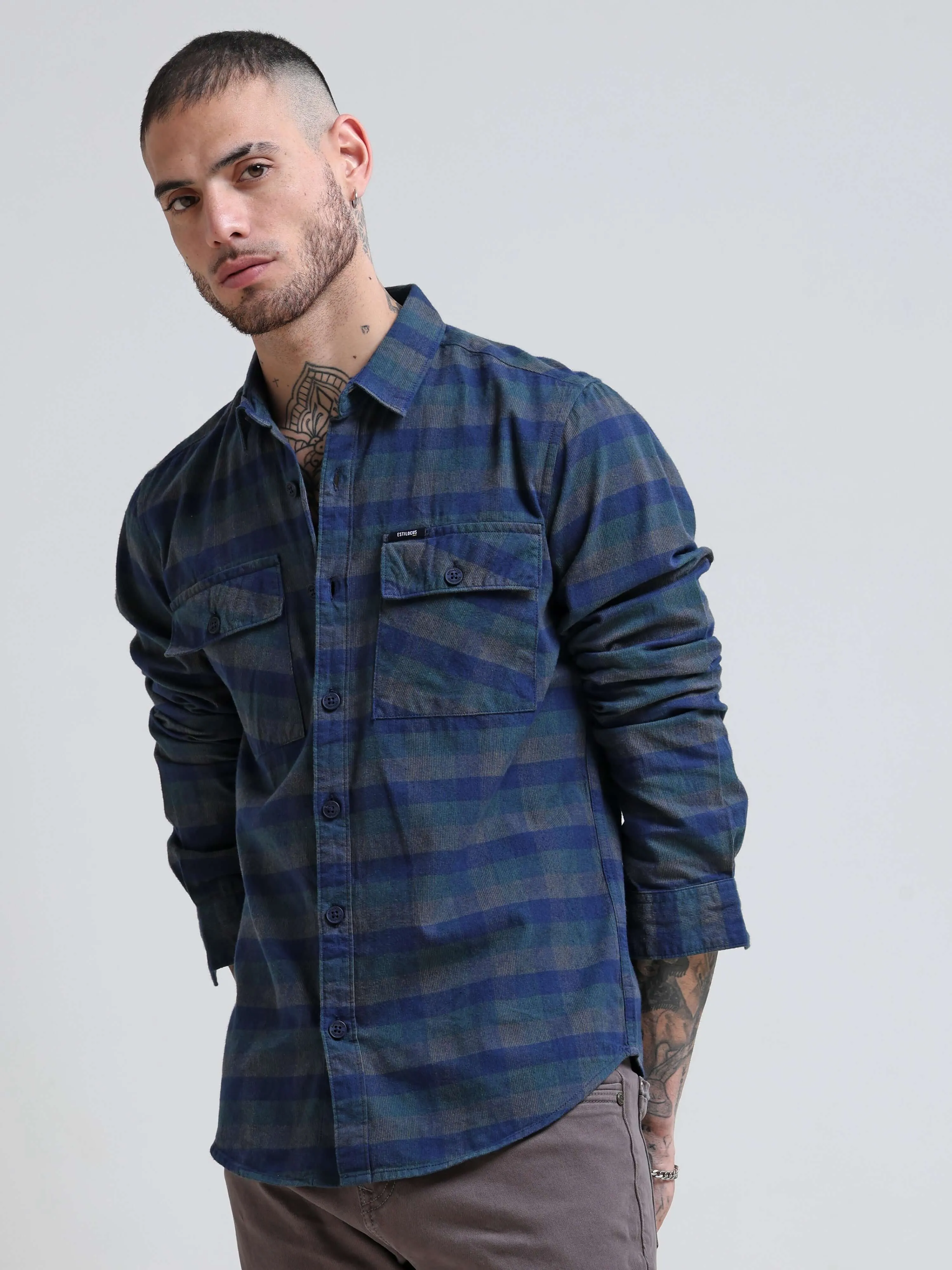 Oxford Blue Corduroy Checks Shirt