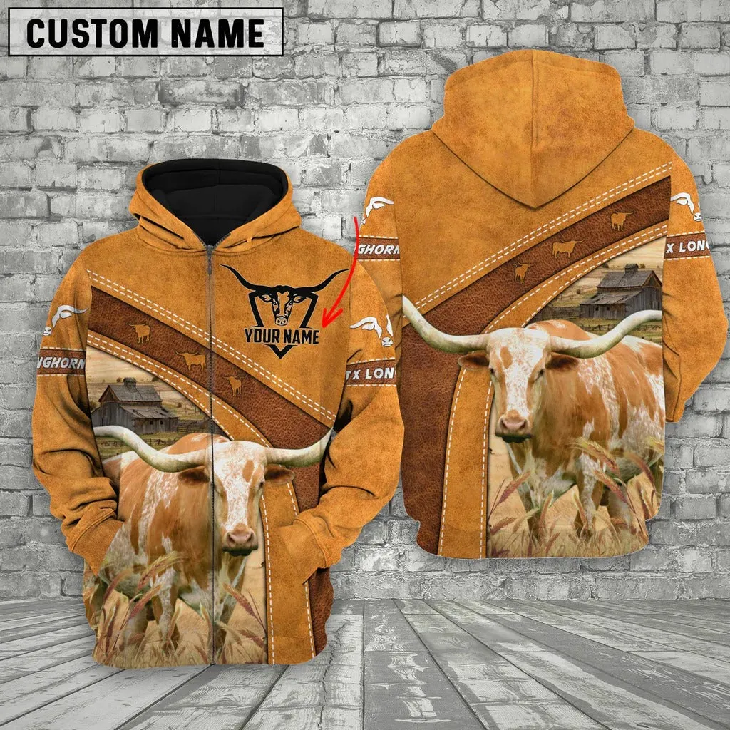 Personalized Name Farm Texas Longhorn Cattle Hoodie, Farmer Zip Up Hoodie 3D All Over Print