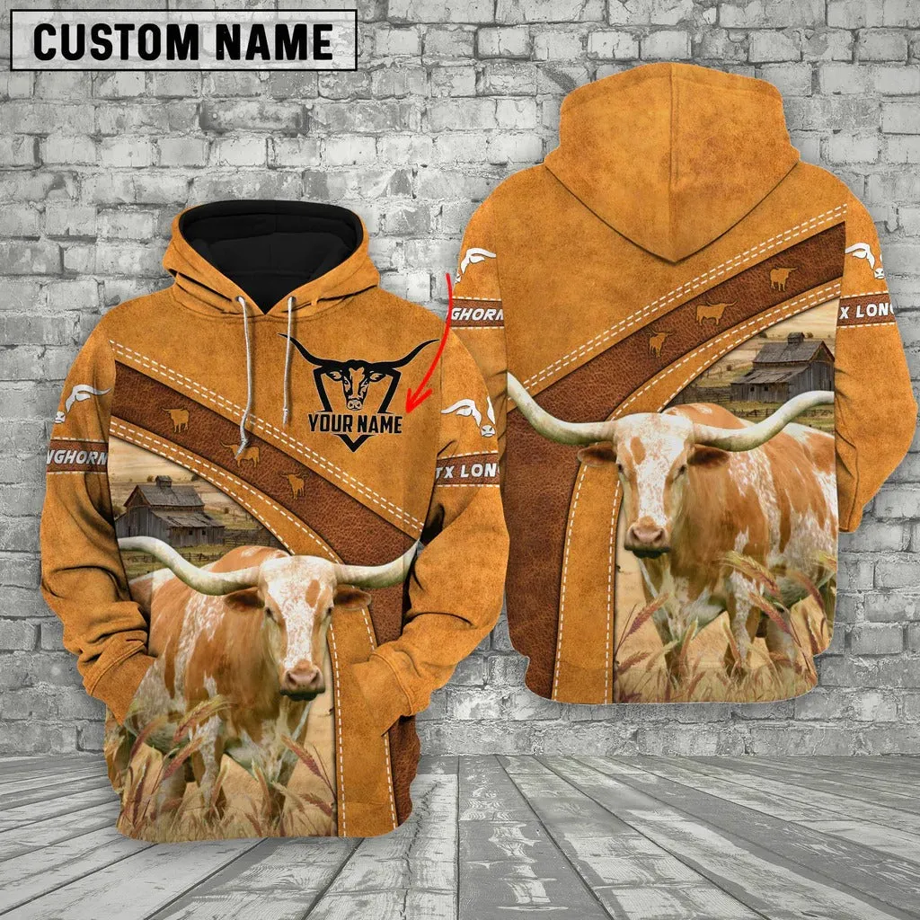 Personalized Name Farm Texas Longhorn Cattle Hoodie, Farmer Zip Up Hoodie 3D All Over Print