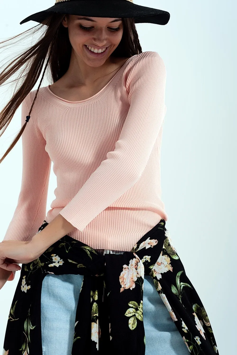 Pink Knitted Wide Neck Sweater