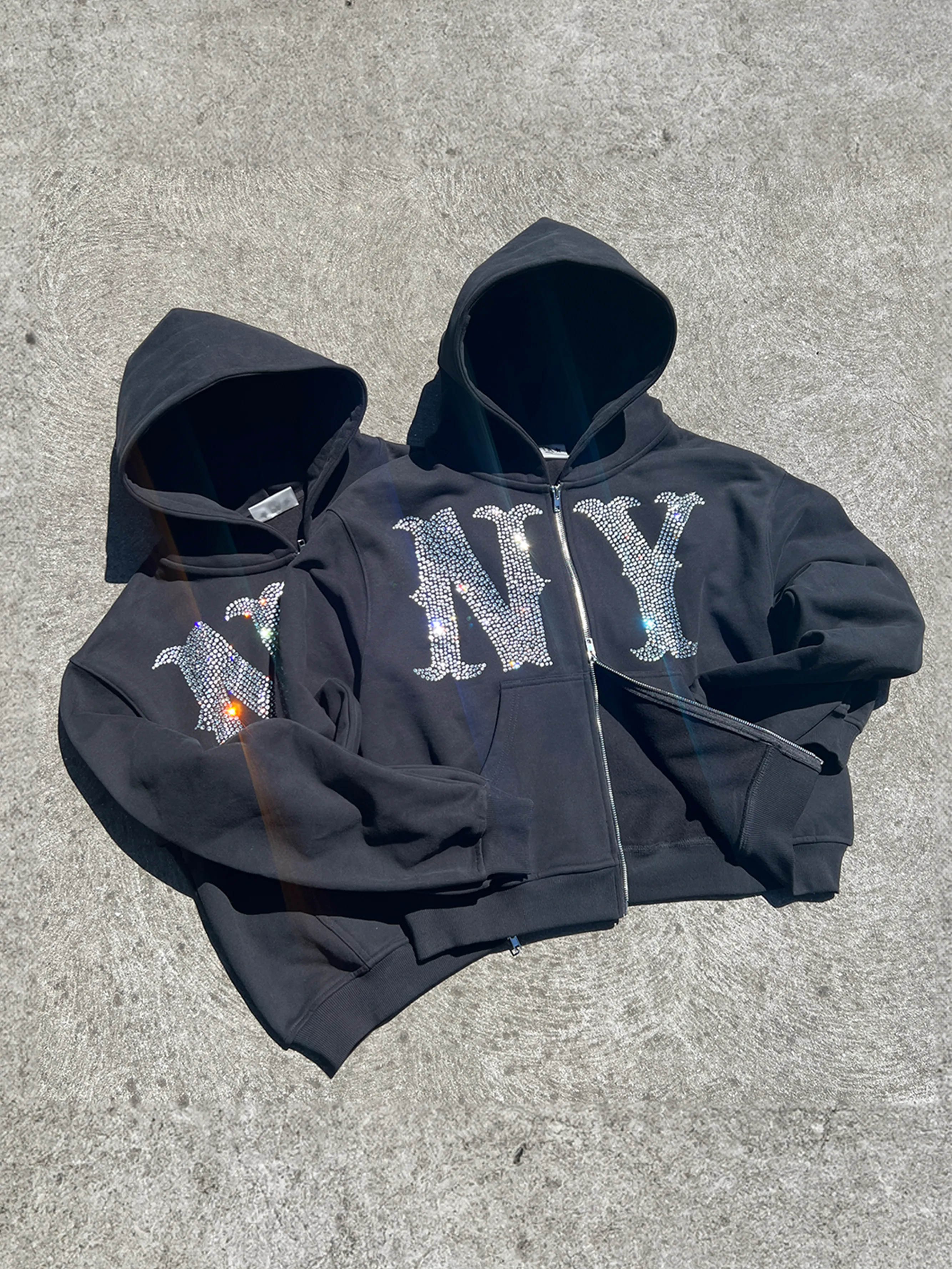 Prior NY Rhinestone Logo Oversized Cropped Zip Up Hoodie Onyx