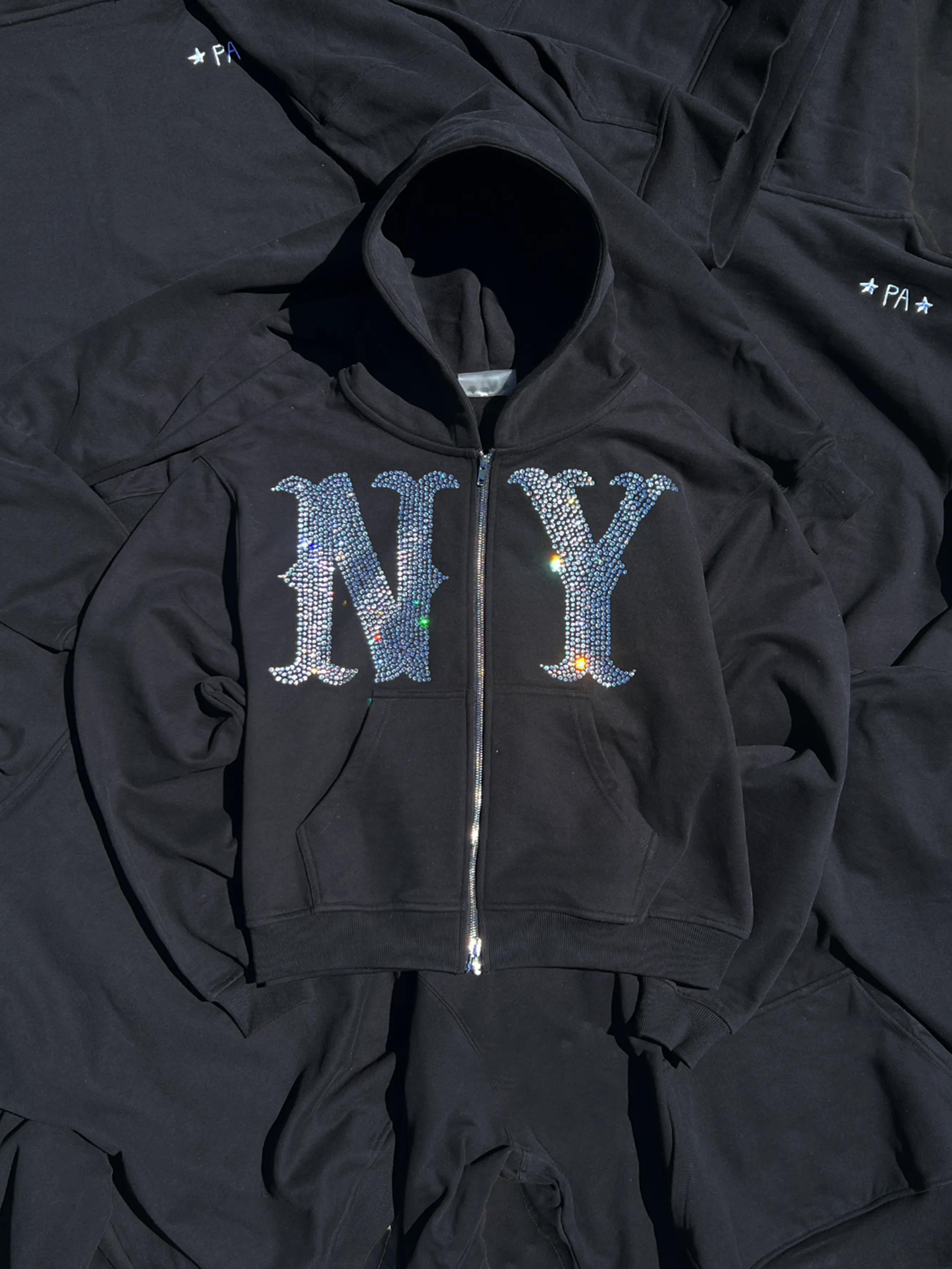 Prior NY Rhinestone Logo Oversized Cropped Zip Up Hoodie Onyx