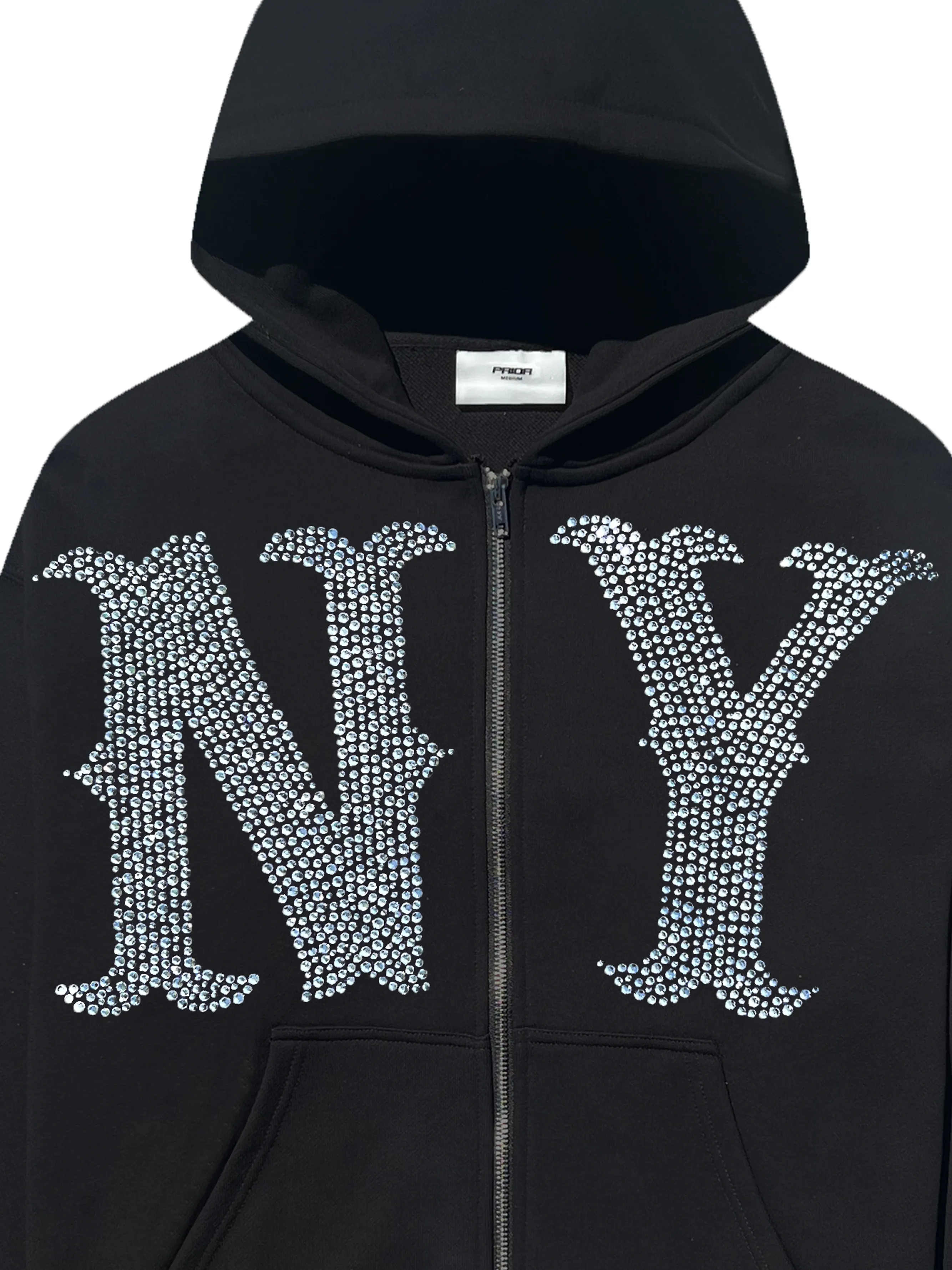 Prior NY Rhinestone Logo Oversized Cropped Zip Up Hoodie Onyx