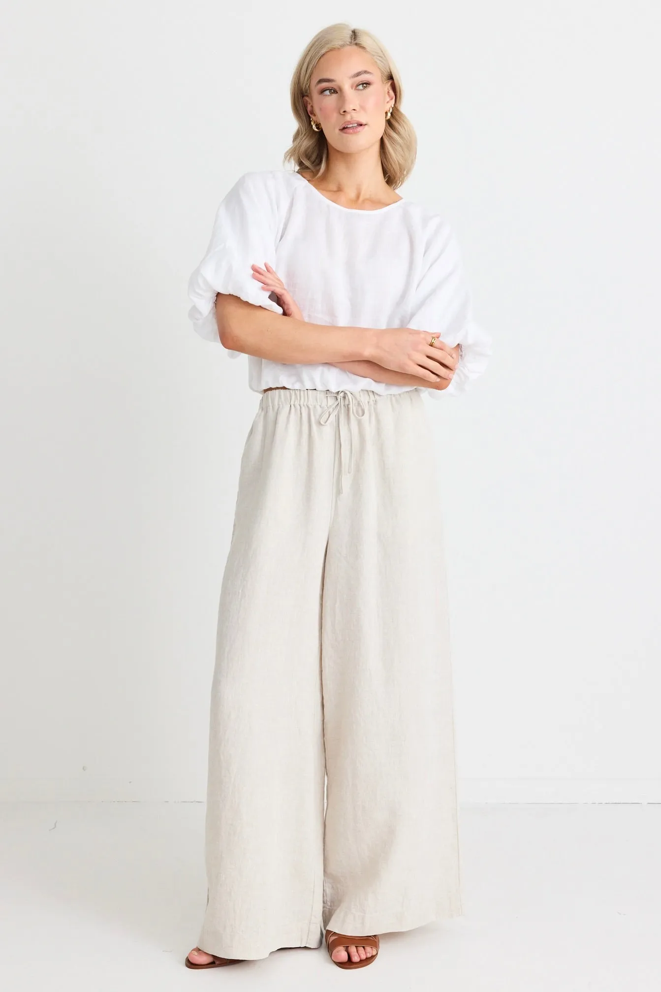 Resort Natural Linen Tie Waist Pull On Wide Pants