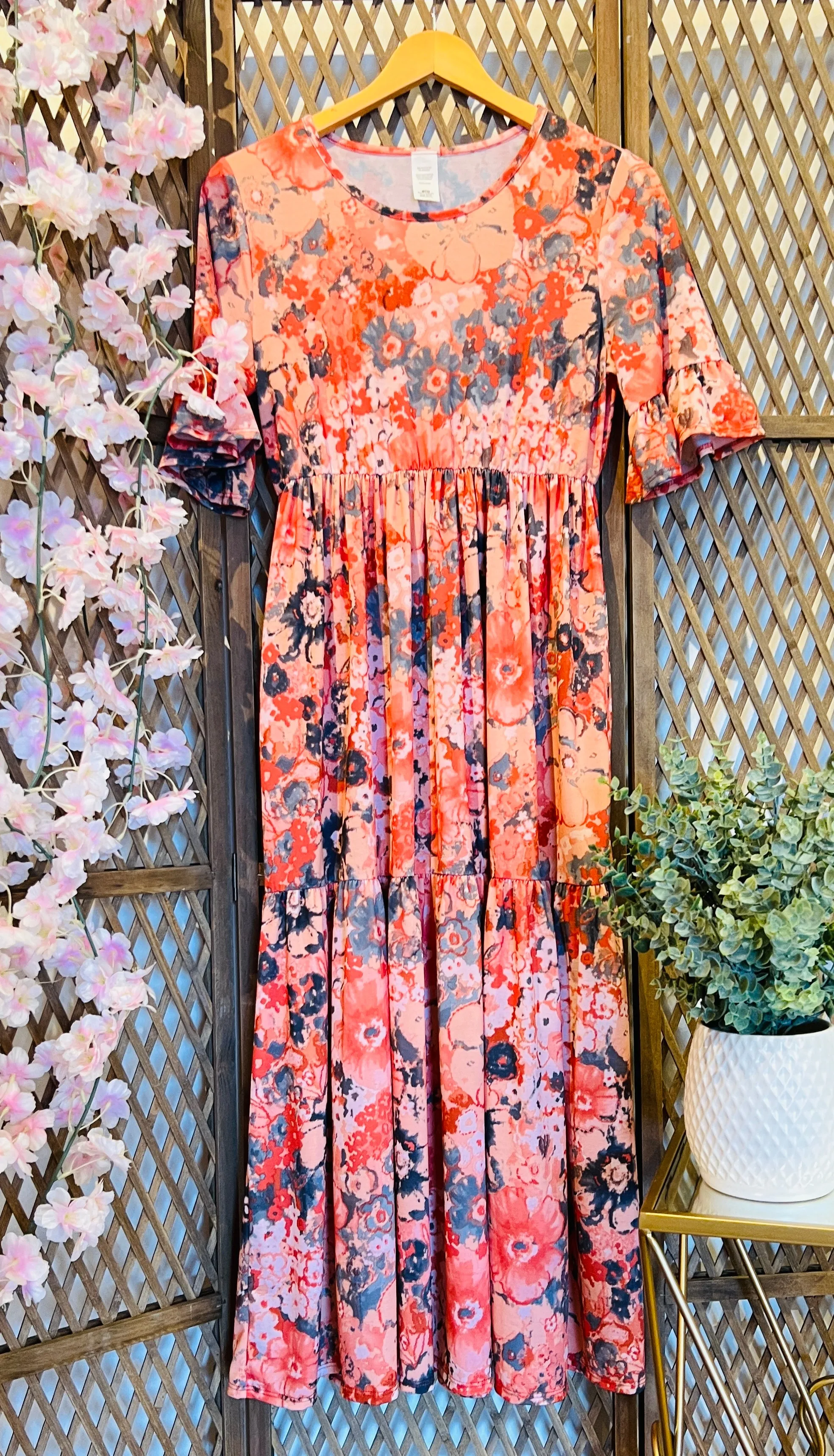 Rust/Navy Floral Tiered Dress