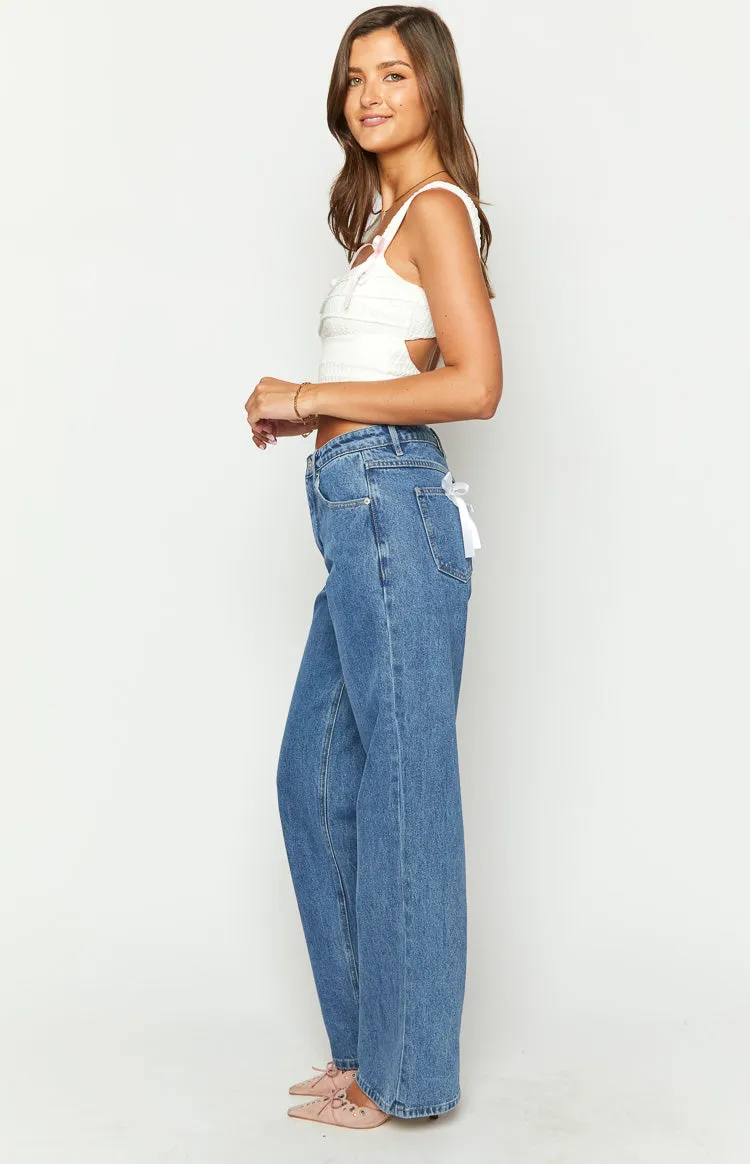 Sassy Stitches Mid Wash Straight Leg Bow Jeans