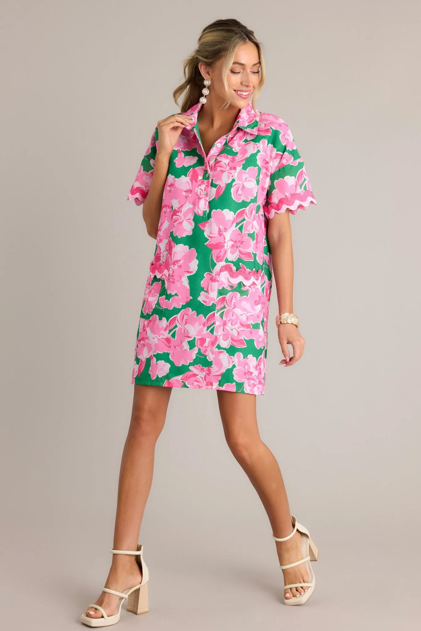 Seaside Serenity Green Multi Floral Mini Shirt Dress