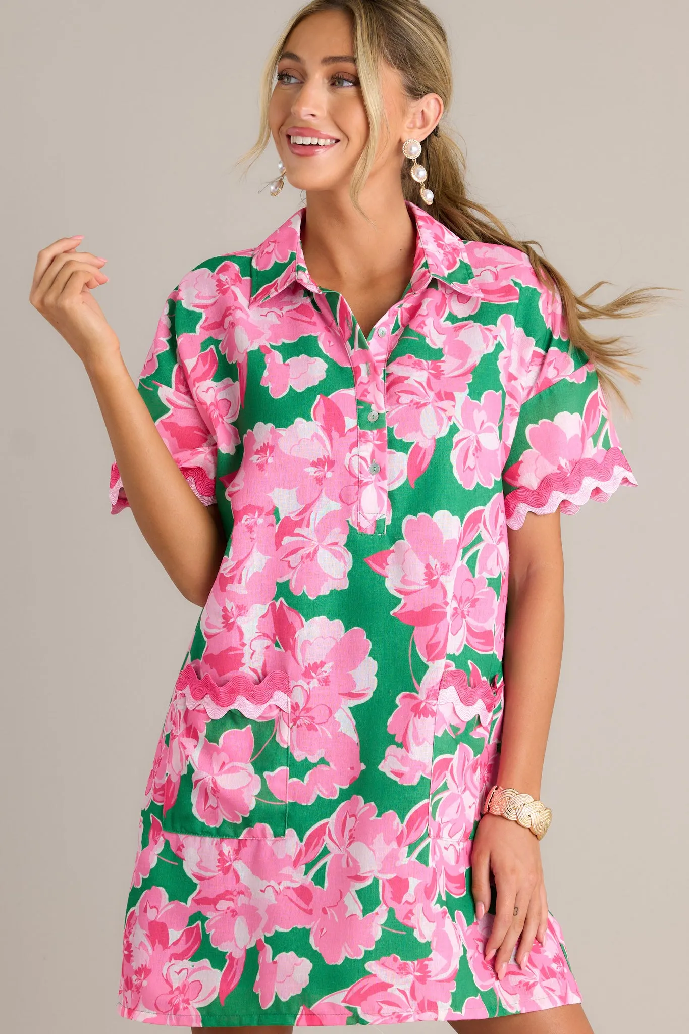 Seaside Serenity Green Multi Floral Mini Shirt Dress